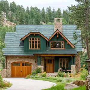 Preview of Green Gabled Stone Sanctuary with Pine-Trimmed Charm