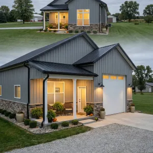 Sleek Porch Barn With Tall Garage