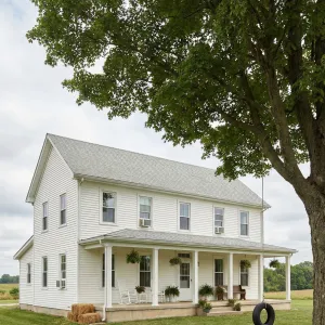 Bright White Homestead With Porch Swing