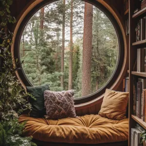 Circular Oasis: Forest Views and Fluffy Pillows
