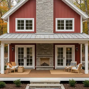 Classic Red Cabin with Stone Fireplace Delight